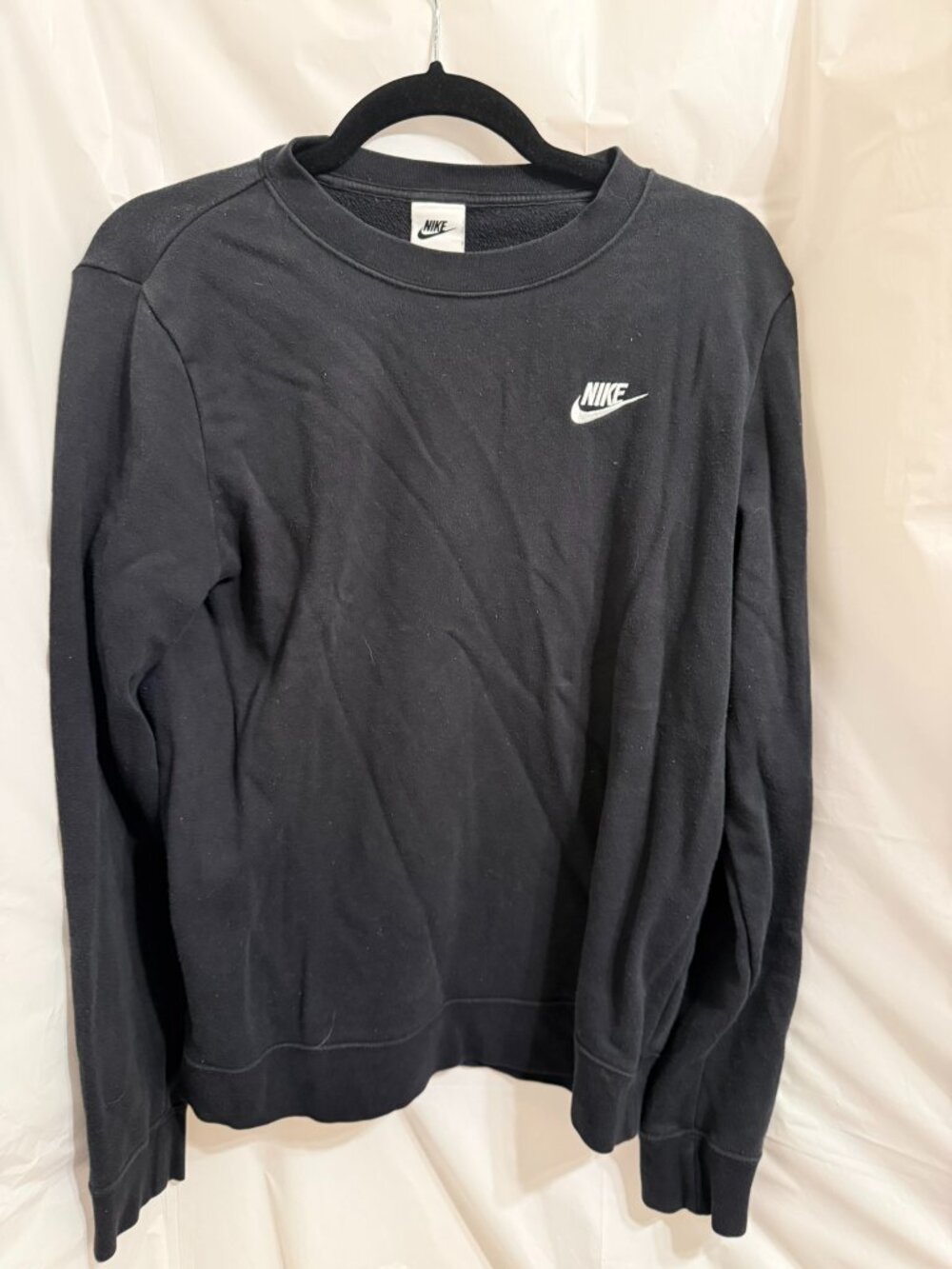 Nike Mens Black Crewneck Sweatshirt Small White Swoosh Logo Pullover Size Medium
